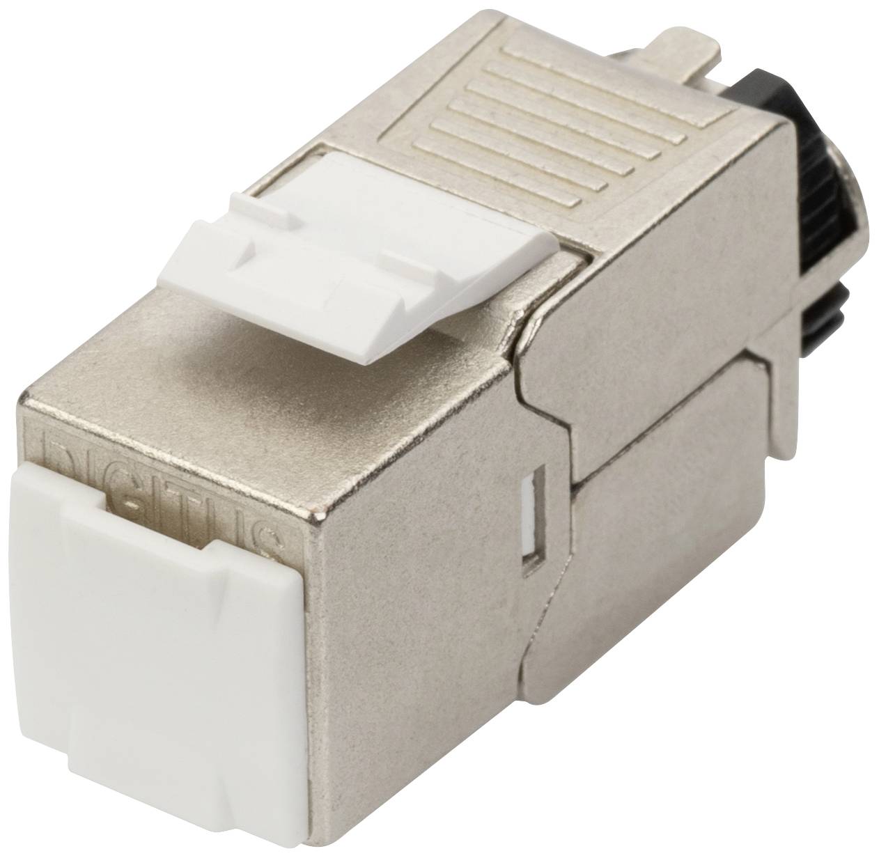 Ein RJ45-Keystone-Modul in Metallausführung für Netzwerkverkabelung, zeigt die Anschlüsse und Schutzabdeckung.