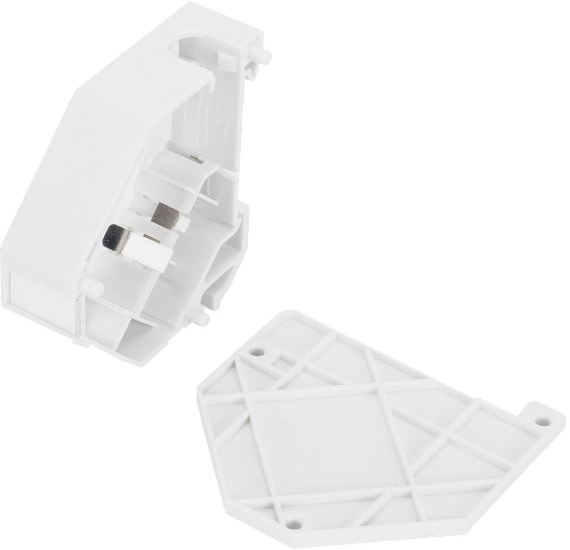Weiße Kunststoffgehäuseteile, eines davon geöffnet, zeigen interne Strukturen.