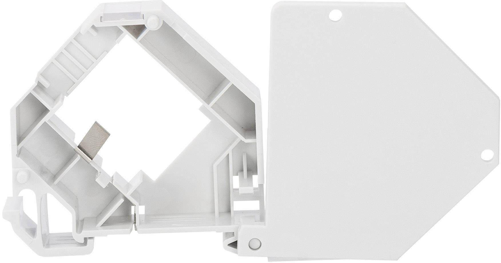 Ein weißes Kunststoff-Gehäuseteil mit rechteckiger Öffnung, das möglicherweise Teil eines elektrischen oder mechanischen Geräts ist.