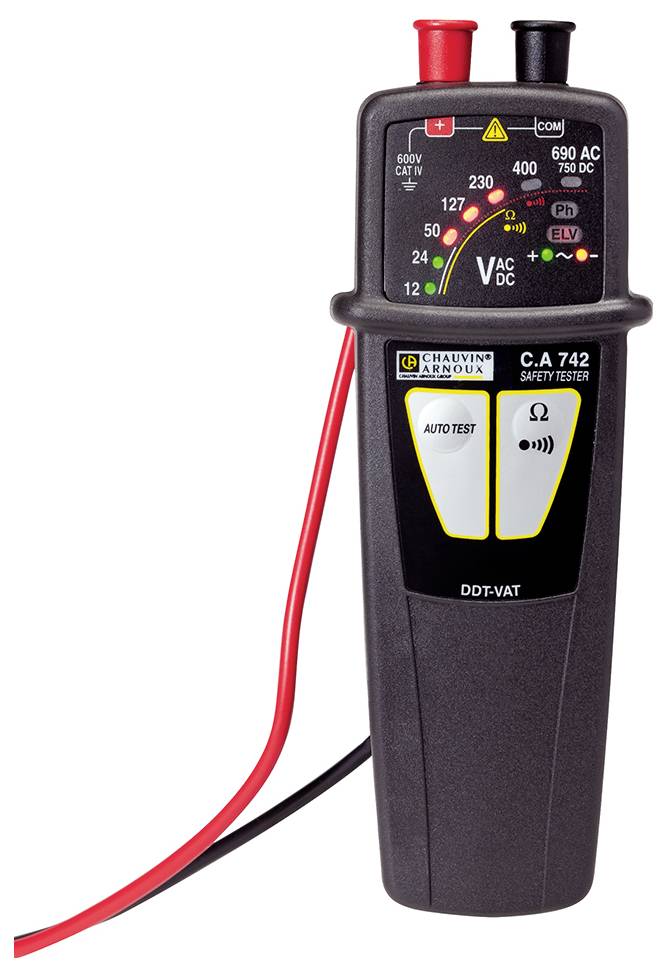 Spannungstester mit zwei Messspitzen, zeigt Spannungen bis 690 V AC/DC an. Schwarz-rotes Gehäuse mit gelben und roten Details.