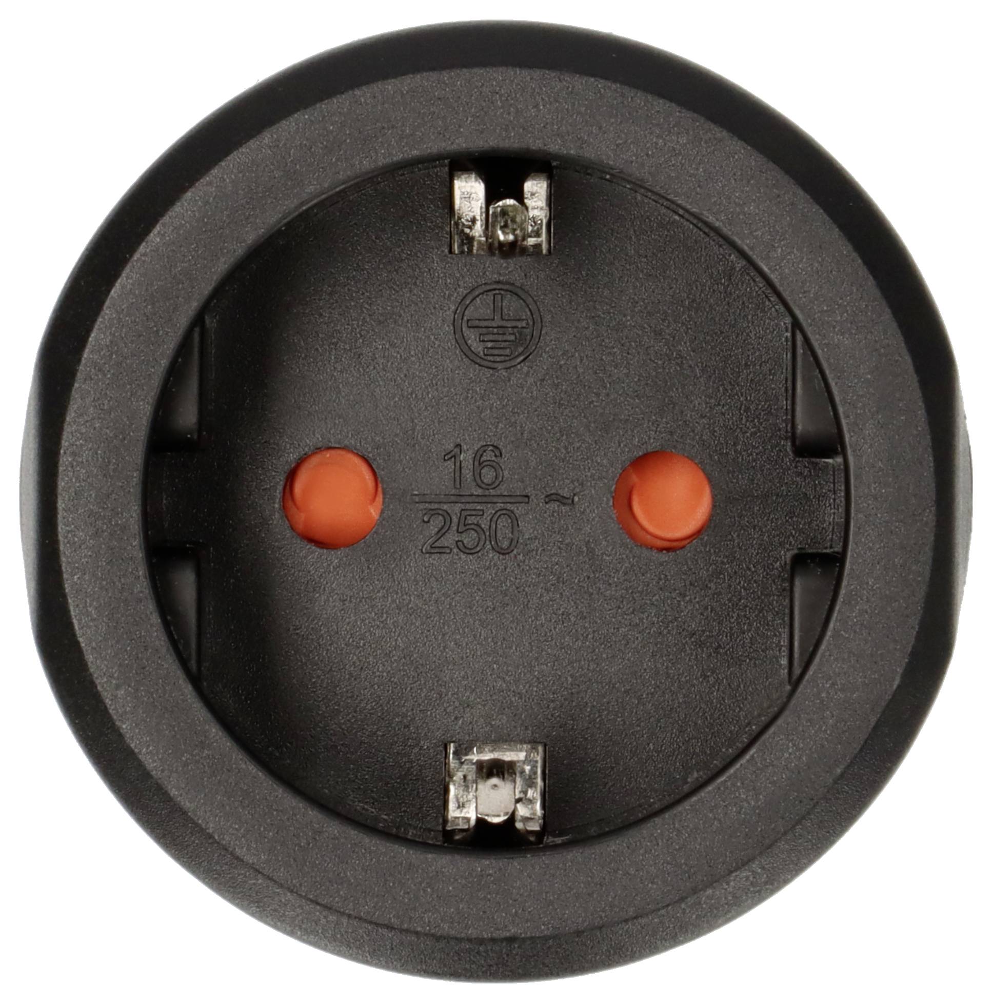 Schwarze Aufputzsteckdose mit zwei runden Löchern und Erdungssymbol, Spannung 16A, 250V.