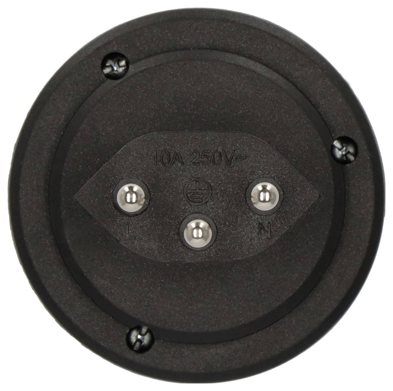 Runder schwarzer Elektrostecker-Anschluss mit Beschriftung „10A 250V" mit drei Metallkontakten und Montageschrauben.