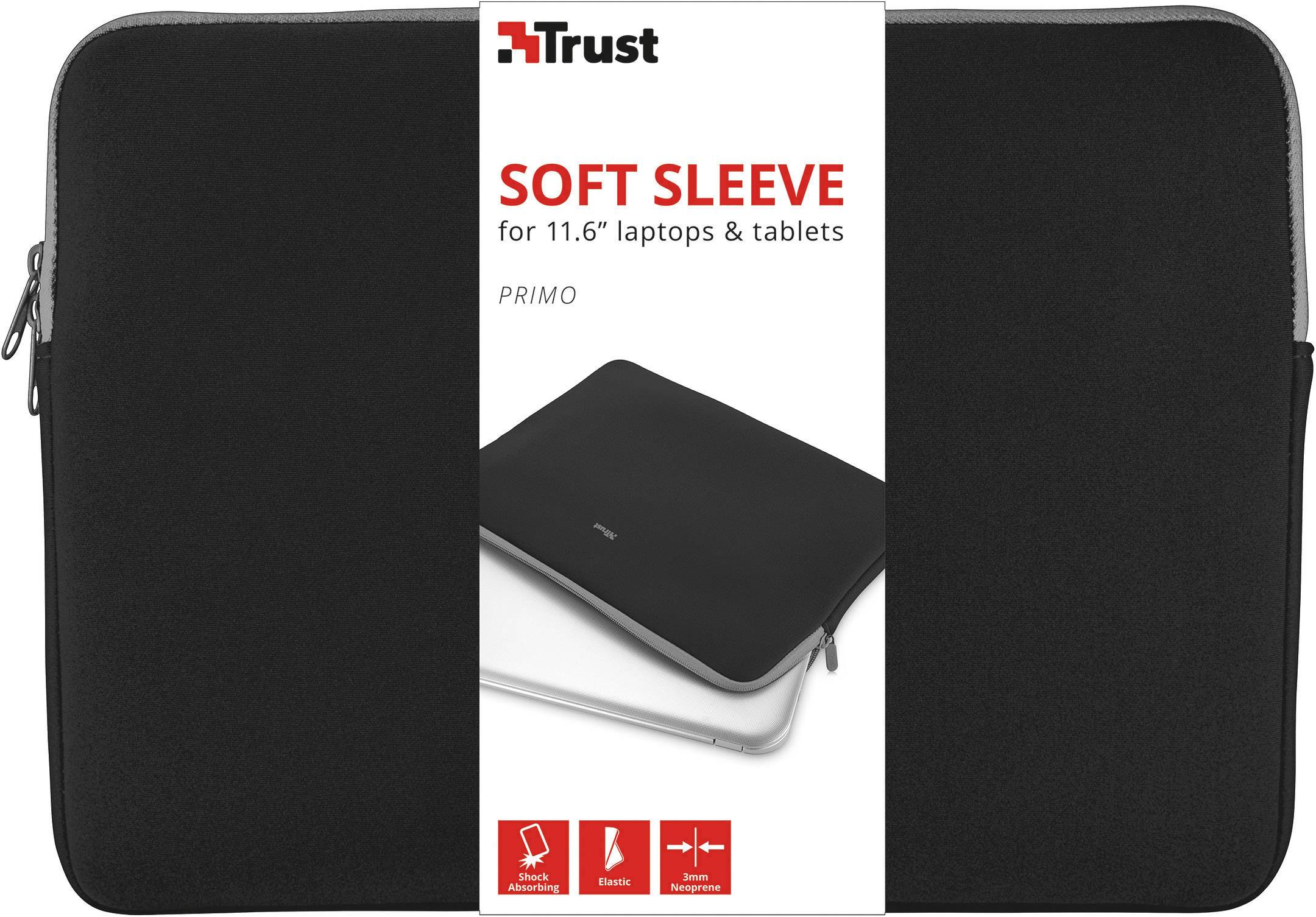 Die Verpackung einer schwarzen Laptophülle für 11,6-Zoll-Laptops und Tablets der Marke Trust, Modellname 'Primo', mit Reißverschluss.