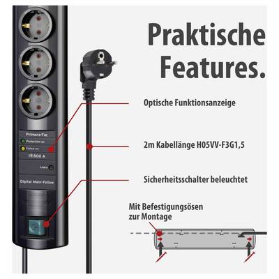 Bild einer Steckdosenleiste mit Text 'Praktische Features': optische Funktionsanzeige, 2 m Kabel H05VV-F3G1,5, beleuchteter Sicherheitsschalter und Befestigungsösen zur Montage.