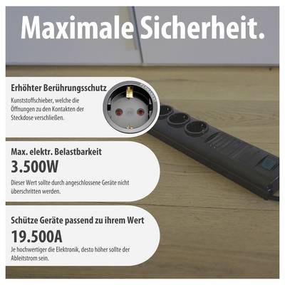 Werbegrafik zur Steckdosenleiste mit 'Maximale Sicherheit': Berührungsschutz, max. 3.500 W und 19.500 A; zeigt eine Mehrfachsteckdose auf Holzfußboden.