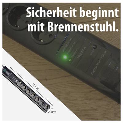 Werbung für eine Brennenstuhl-Steckdosenleiste mit beleuchtetem Schalter und 54,5 cm Länge; Slogan: 'Sicherheit beginnt mit Brennenstuhl.'<br>