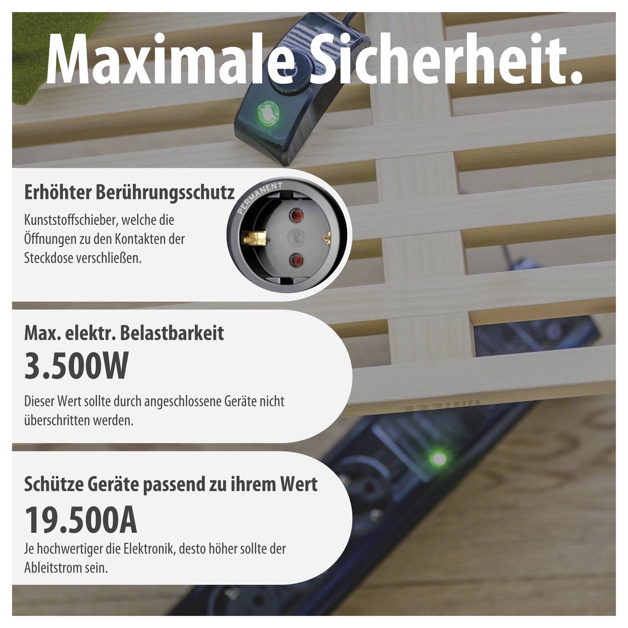 Werbeinfografik zu Steckdosensicherheit: 'Maximale Sicherheit' mit Berührungsschutz, 3.500W Maximalbelastung und 19.500A Ableitstrom.