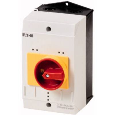 Weißes, rechteckiges Elektrogerät mit gelbem Schaltrad und rotem Drehknopf vorne, verwendet zur Steuerung elektrischer Verbindungen.