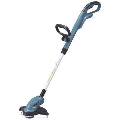 Ein blauer Akku-Rasentrimmer mit verstellbarem Teleskopstiel und ergonomischem Griff für das Trimmen von Rasenrändern.
