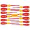 Zwölfteiliger Satz von Schraubendrehern mit roten Griffen und gelben Akzenten, Marke 'Wiha', angeordnet in zwei Reihen.