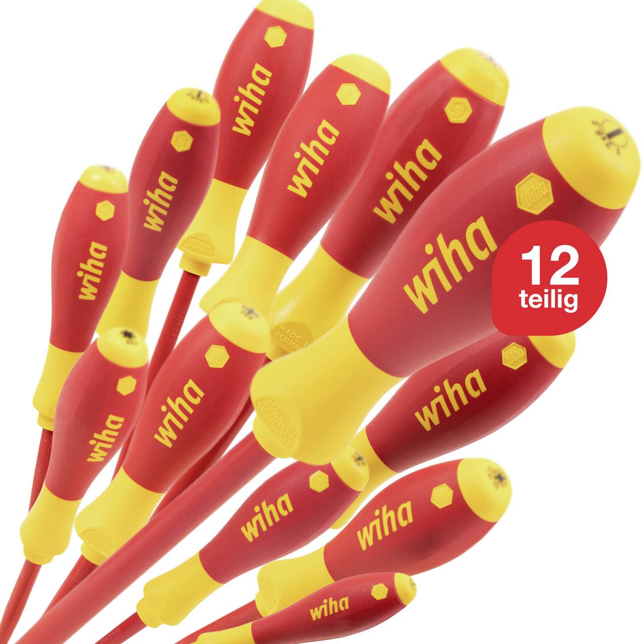 Ein Set von elf roten und gelben Schraubendrehern der Marke Wiha in verschiedenen Größen, mit "12-teilig" Schriftzug in rotem Kreis.