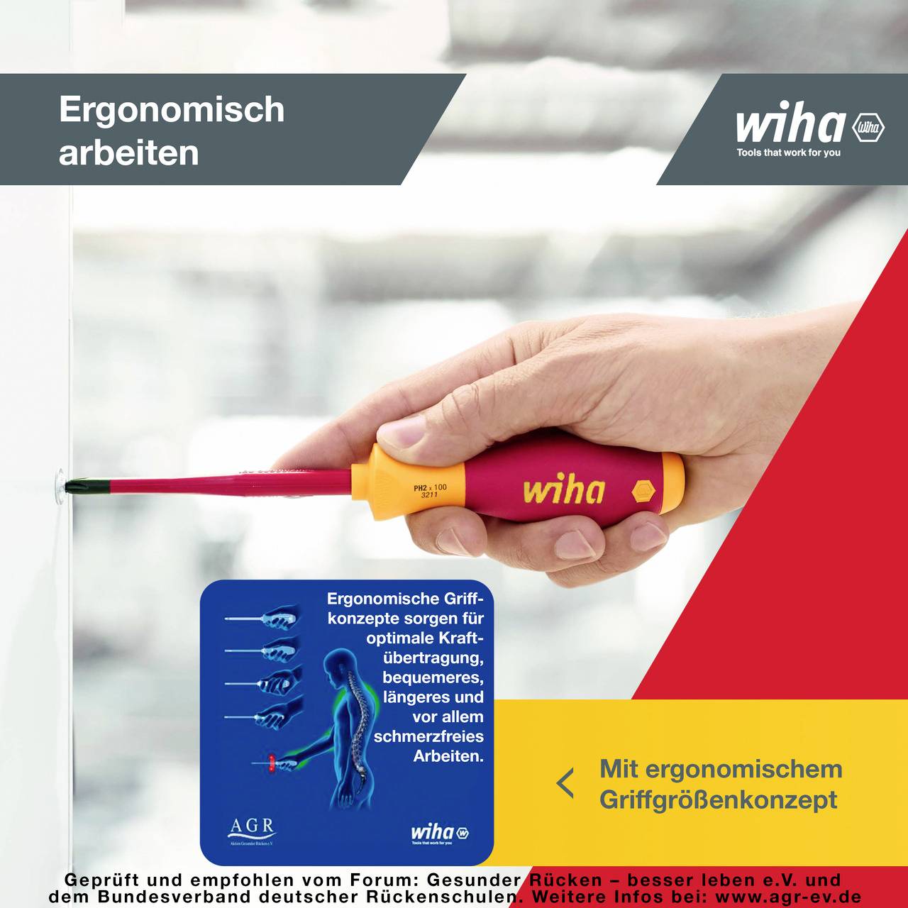 Das Bild zeigt eine Hand, die einen ergonomischen Schraubendreher von Wiha hält. Im Hintergrund steht 'Ergonomisch arbeiten'. Ein Diagramm veranschaulicht das ergonomische Griffkonzept.