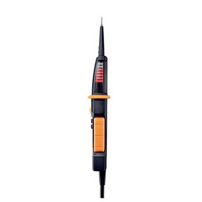 Spannungsprüfer in schwarzer Farbe mit orangen Tasten, seitliche Ansicht. Zeigt LED-Anzeigeleiste für Spannungssichtbarkeit.