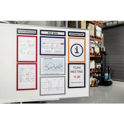 Whiteboard in einem Lager mit Diagrammen zu Leistung, Schlüsselkennzahlen und Informationen. Ankündigung: 'Team Meeting 11:30, Raum 3'.