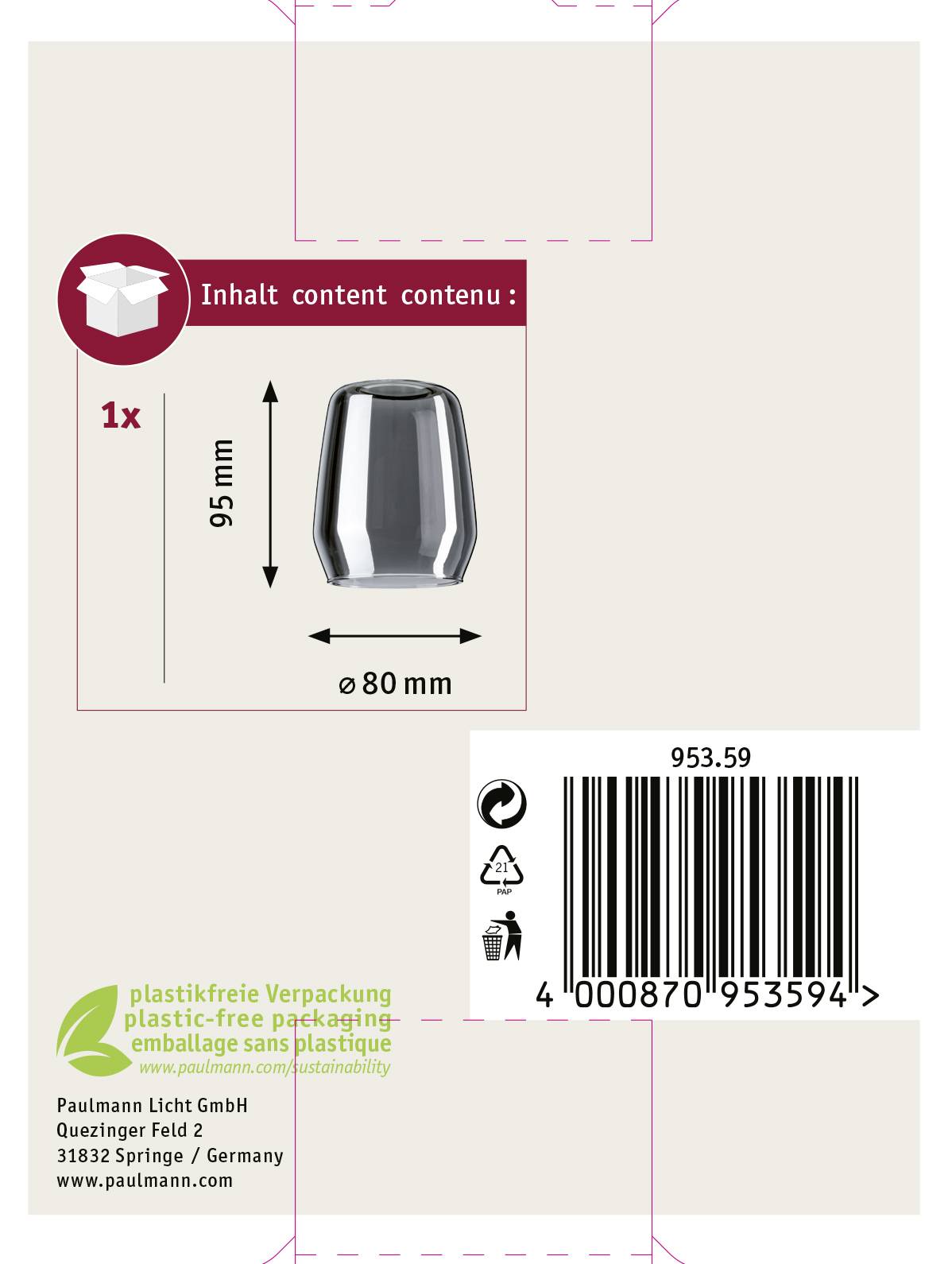 'Produktabbildung eines Glases, 95 mm hoch, 80 mm Durchmesser, in plastikfreier Verpackung. Hersteller: Paulmann Licht GmbH.'