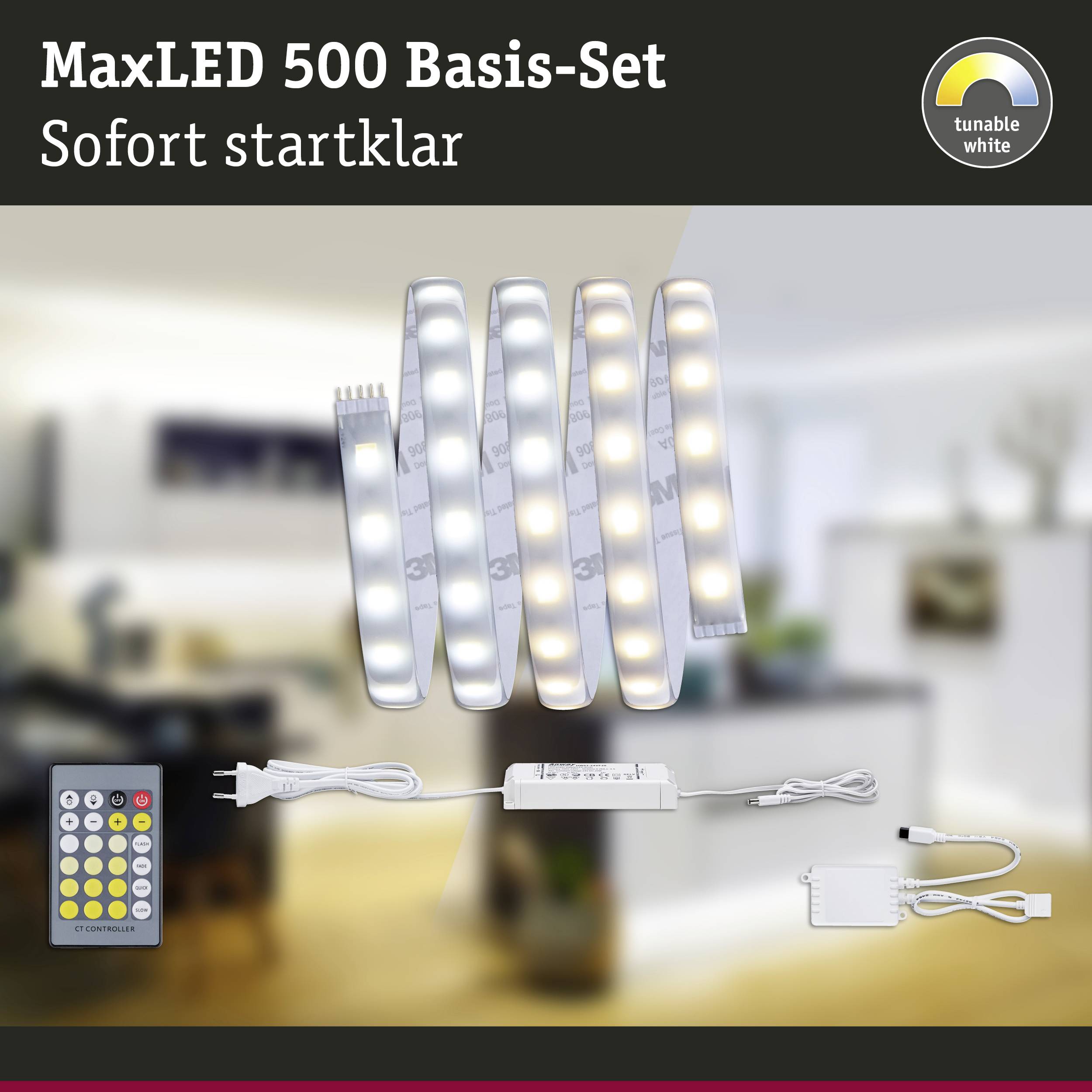 'Darstellung eines MaxLED 500 Basis-Sets mit variabler Weißton-Funktion. Inkludiert Streifenlichter, Fernbedienung und Netzteil.'