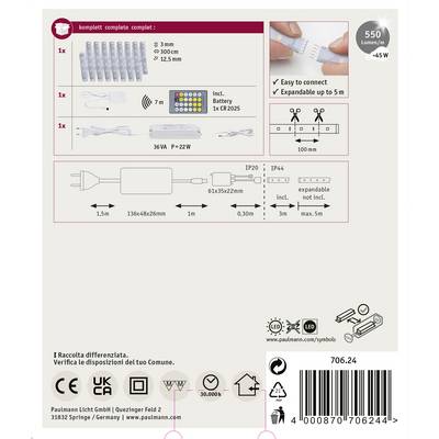 'LED Strip Light Set': Komplettset mit LED-Streifen (3 m), Fernbedienung, Batterien, Adapter. Erweiterbar bis 5 m. 550 Lumen, 45W.