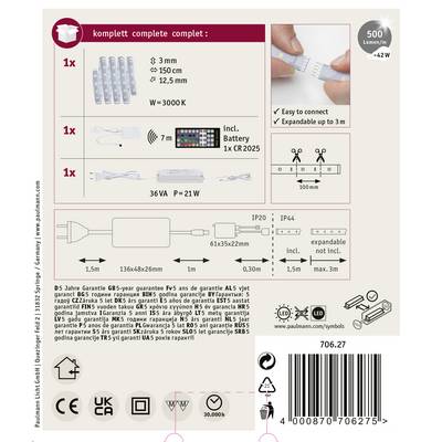 Set mit LED-Streifen, 3 m Länge, warmweiß (3000K), 500 Lumen, Steuerung per Fernbedienung; inkl. Adapter und Batterie CR2025.