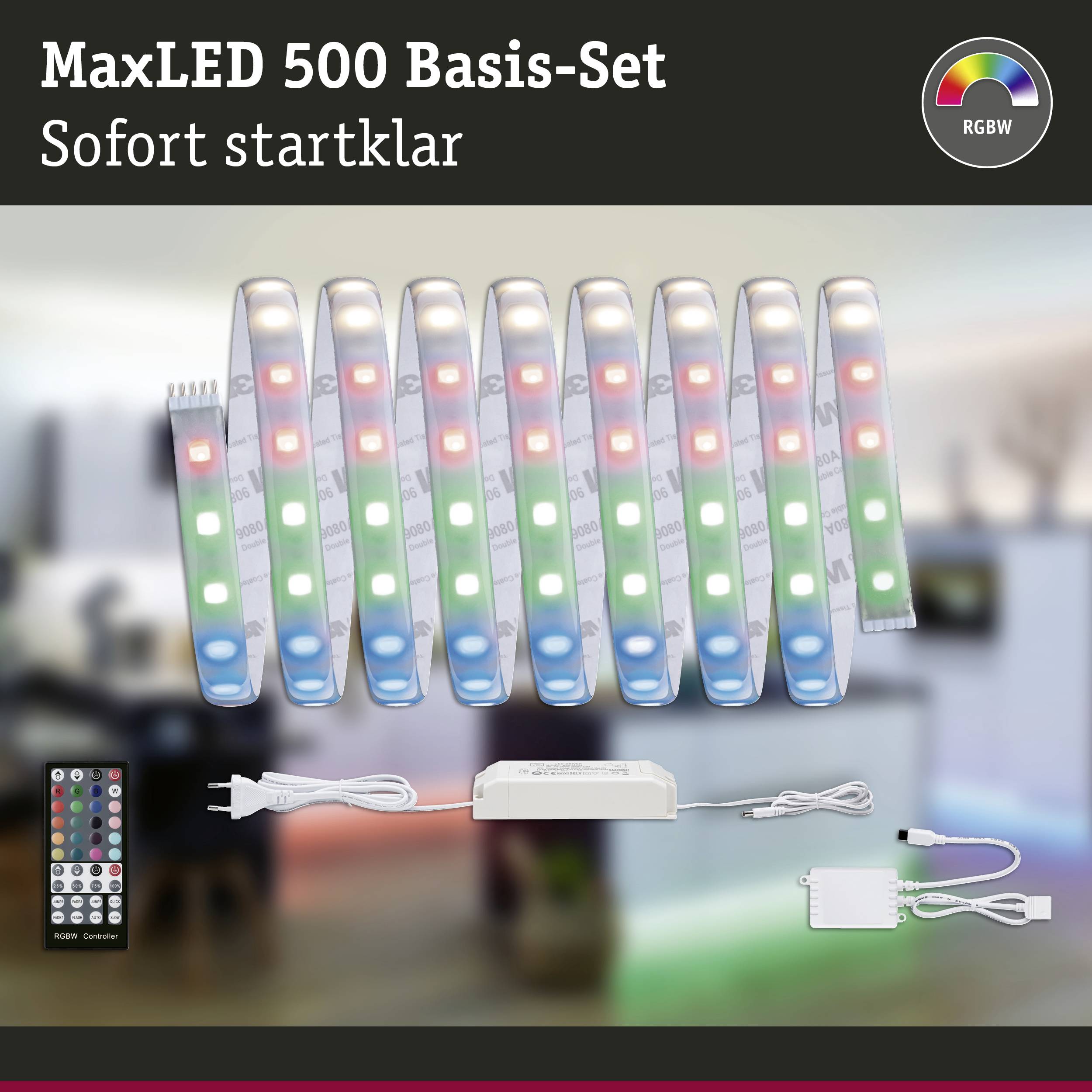 MaxLED 500 Basis-Set mit RGBW-Farben. Zehn LED-Streifen, Fernbedienung, Netzteil. Hinweis: 'Sofort startklar'.