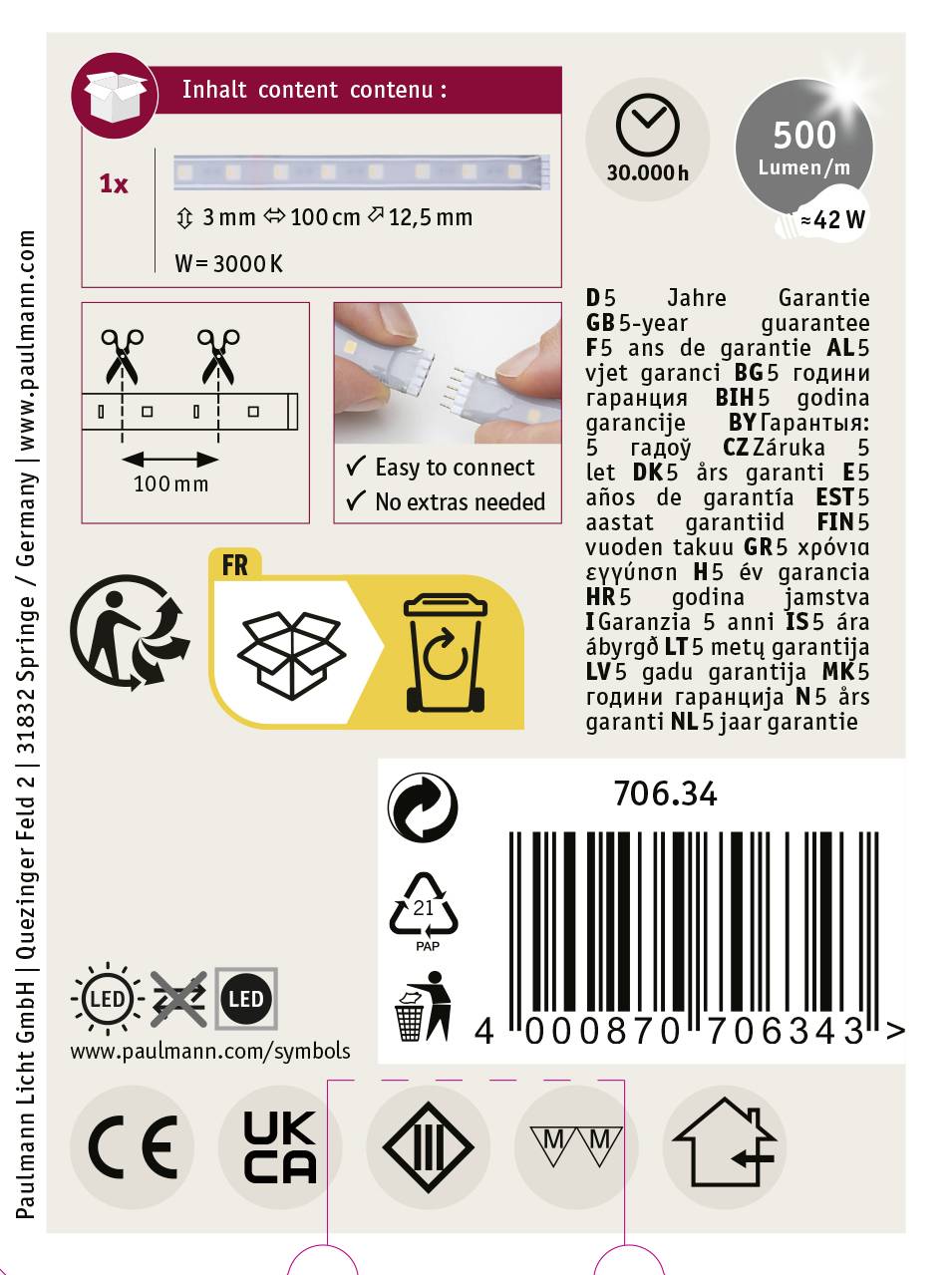 Verpackungsetikett einer LED-Lampe mit Symbolen und Text in mehreren Sprachen. Angaben: 500 Lumen, 30.000h Lebensdauer, 5 Jahre Garantie. 