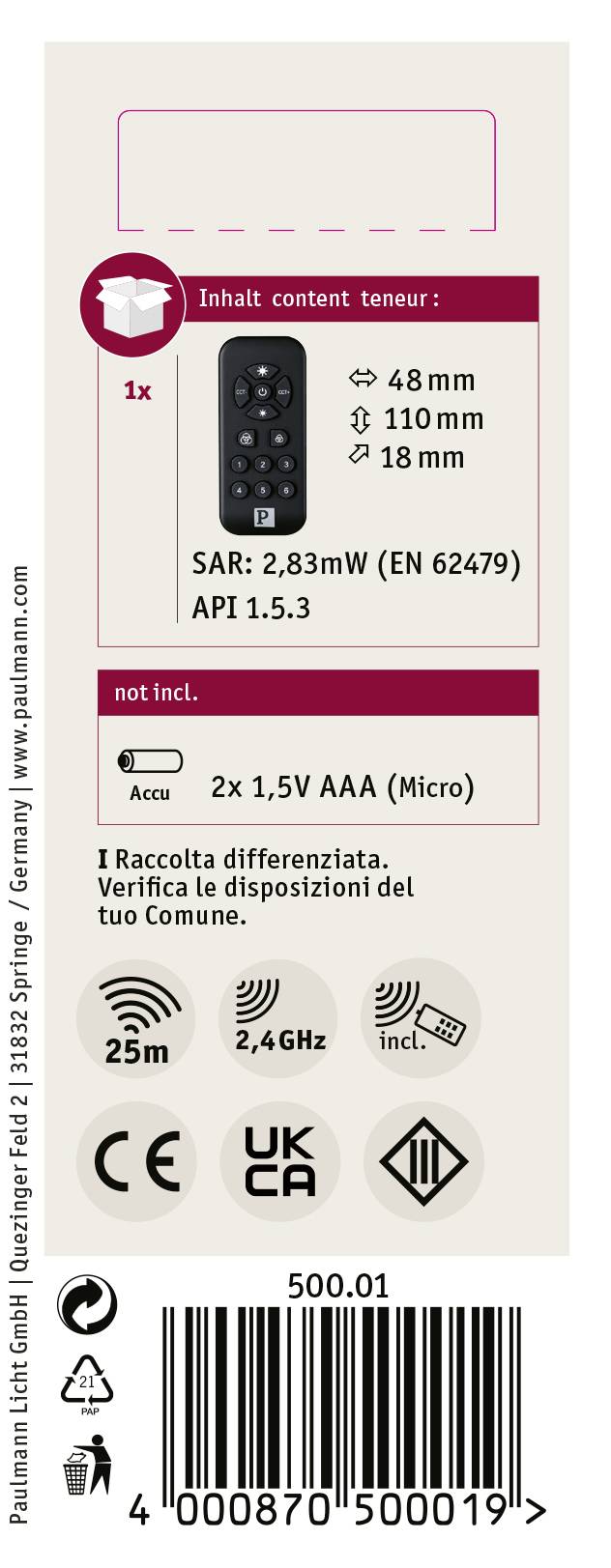 Ein Fernbedienungspaket mit Abmessungen von 48 mm, 110 mm, 18 mm. Enthält 2x AAA-Batterien. Hinweis zur getrennten Entsorgung.