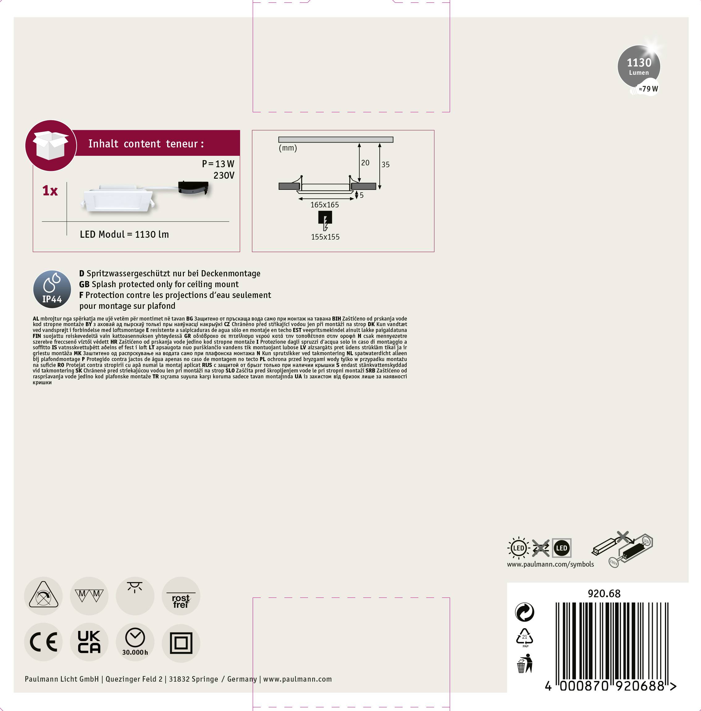 'Verpackung einer LED-Lampe: enthält 1 LED-Modul, 1130 lm, 13W, 230V. Geeignet für Deckenmontage in spritzwasser-geschützten Bereichen.'