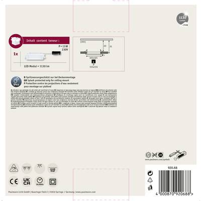 'Verpackung einer LED-Lampe: enthält 1 LED-Modul, 1130 lm, 13W, 230V. Geeignet für Deckenmontage in spritzwasser-geschützten Bereichen.'