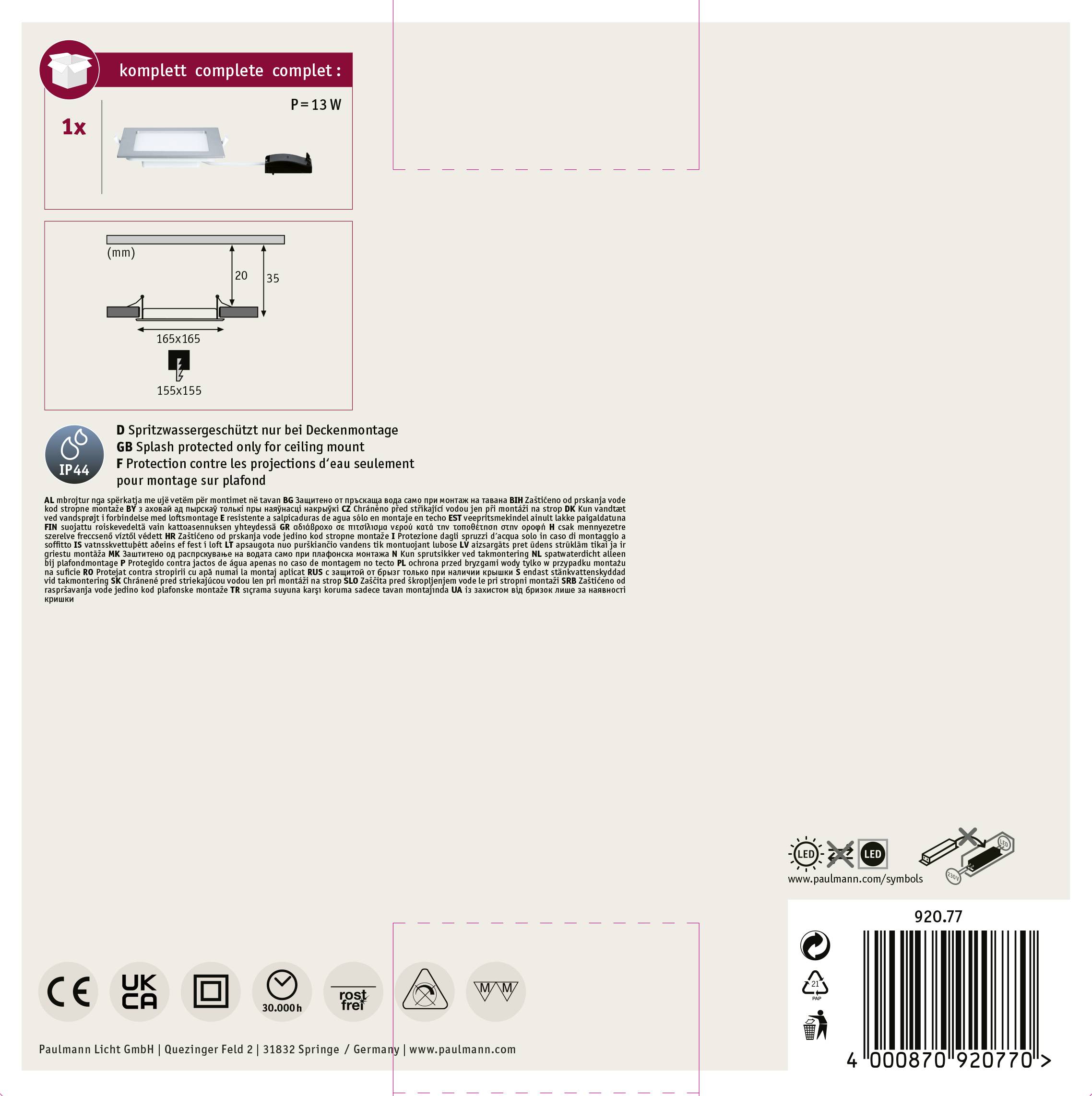 Einbauleuchte inklusive Bedienungshinweise und technische Spezifikationen, IP44 Schutz, für Deckenmontage geeignet, 13W Leistung.
