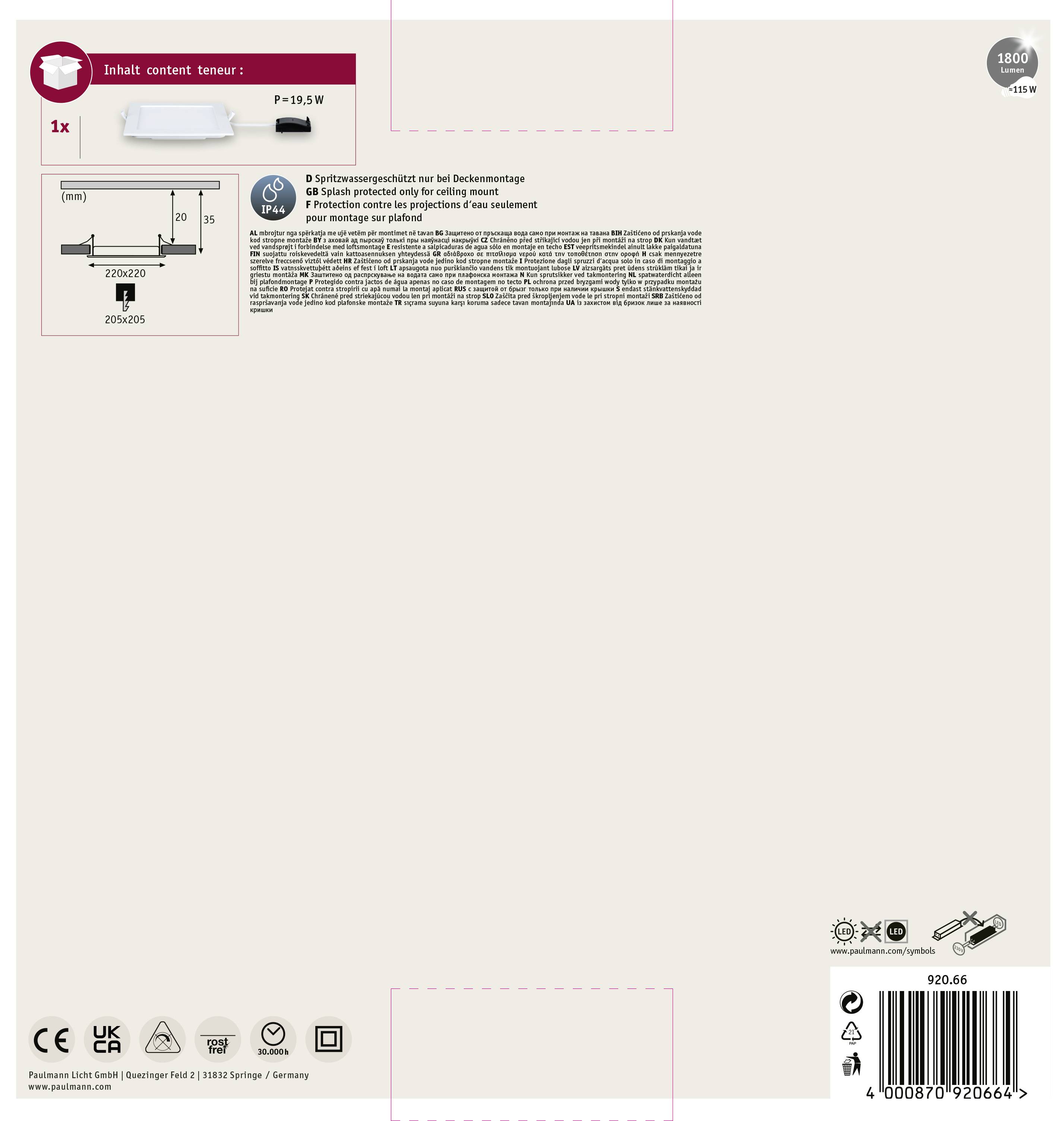 'Produktverpackung einer Deckenleuchte, Modell P-218 W. Abbildung der Leuchte mit Maßen 225x55mm. QR-Code und Montagehinweise.'