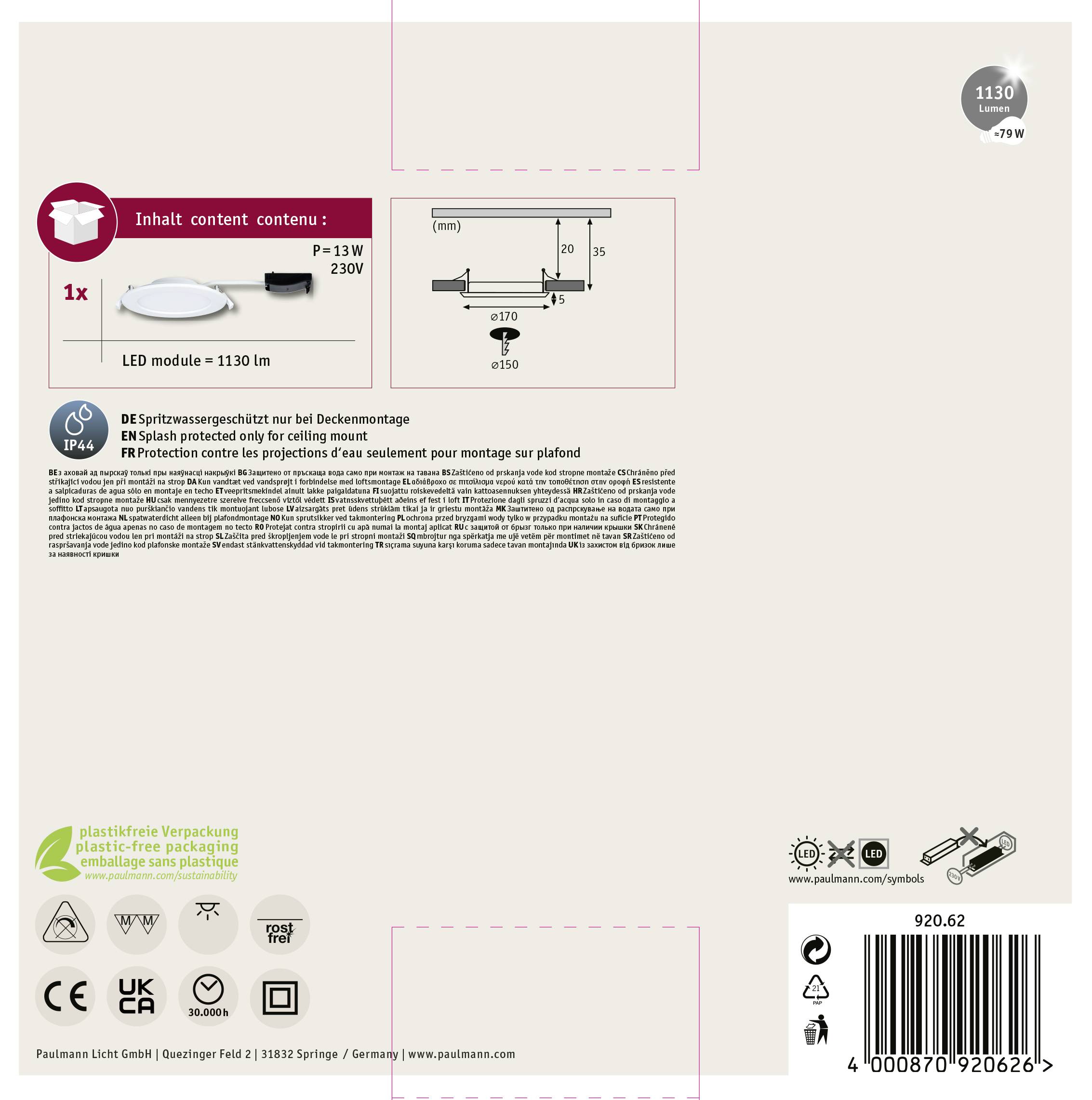 'LED Modul Inhalt: 1x, P ø 3W, 230V.' Verpackung mit Logo und Kontaktinformationen von Paulmann Licht GmbH.