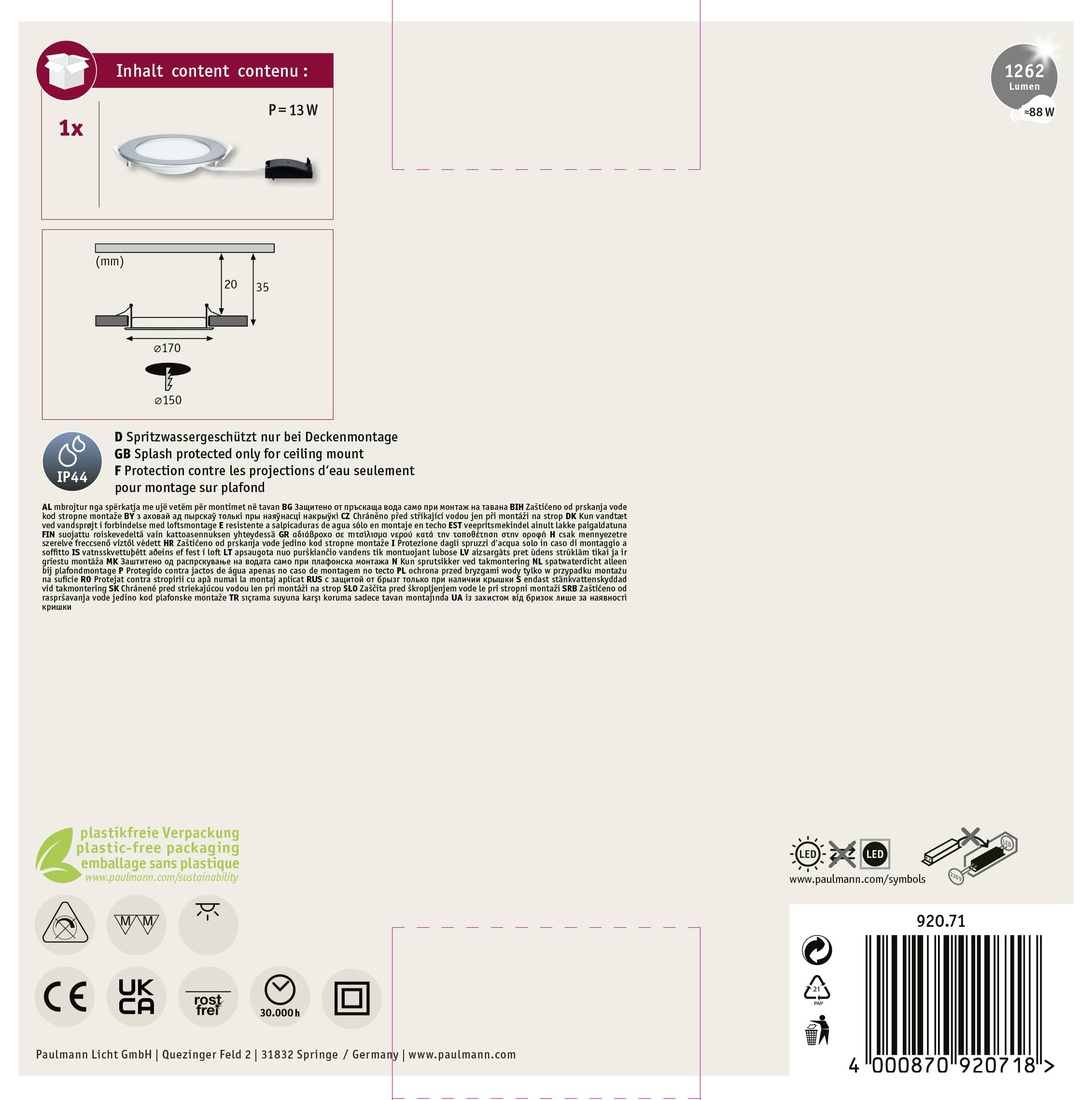 'Piktogramm zeigt rechteckige Lampe mit Abmessungen. Geeignet für Deckenmontage. Energieklasse F, 13W LED. Verpackung plastikfrei.'