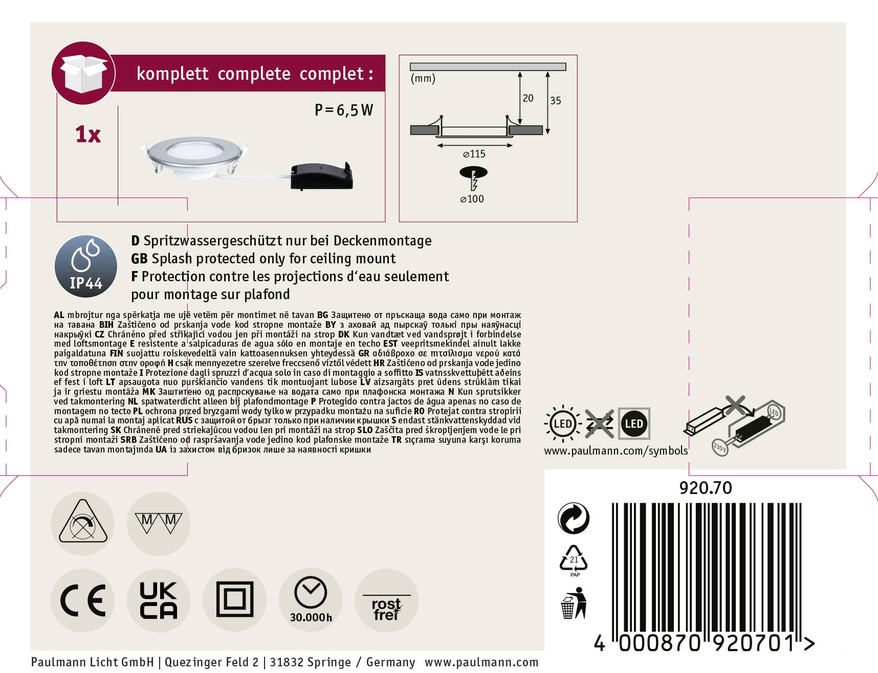 Verpackung für Deckenleuchte von Paulmann, Modell 920.70, Leistung 6,5 W, IP44-Spritzwasserschutz, inklusive Anleitung und Montageset.