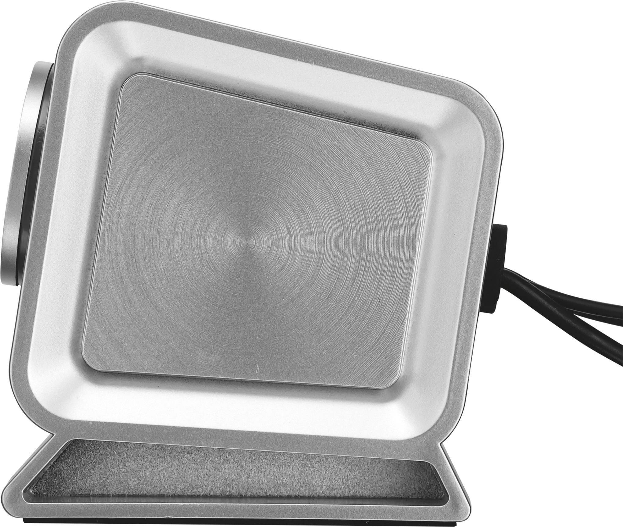 Eine silberne Webcam mit abgerundeten Ecken und einem integrierten Ständer, seitlich auf einem schwarzen Kabel liegend.