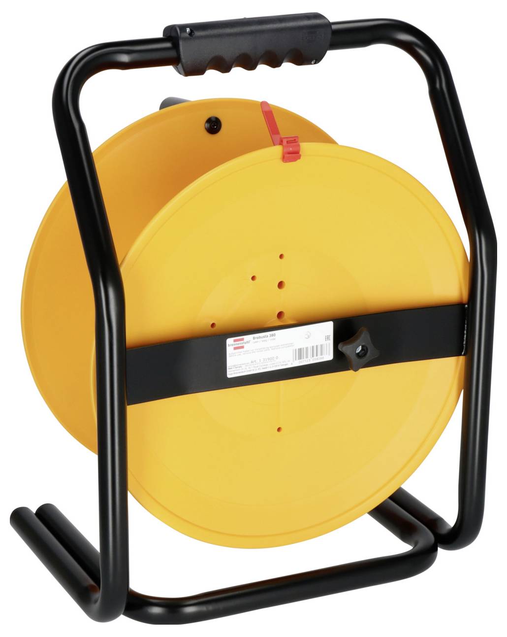 Orange-Kabelrolle mit schwarzem Metallrahmen und Griff, dargestellt auf weißem Hintergrund.