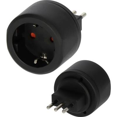 Schwarzer Steckdosenadapter mit europäischem Rundstiftstecker und -buchse, in zwei Ansichten auf weißem Hintergrund dargestellt.