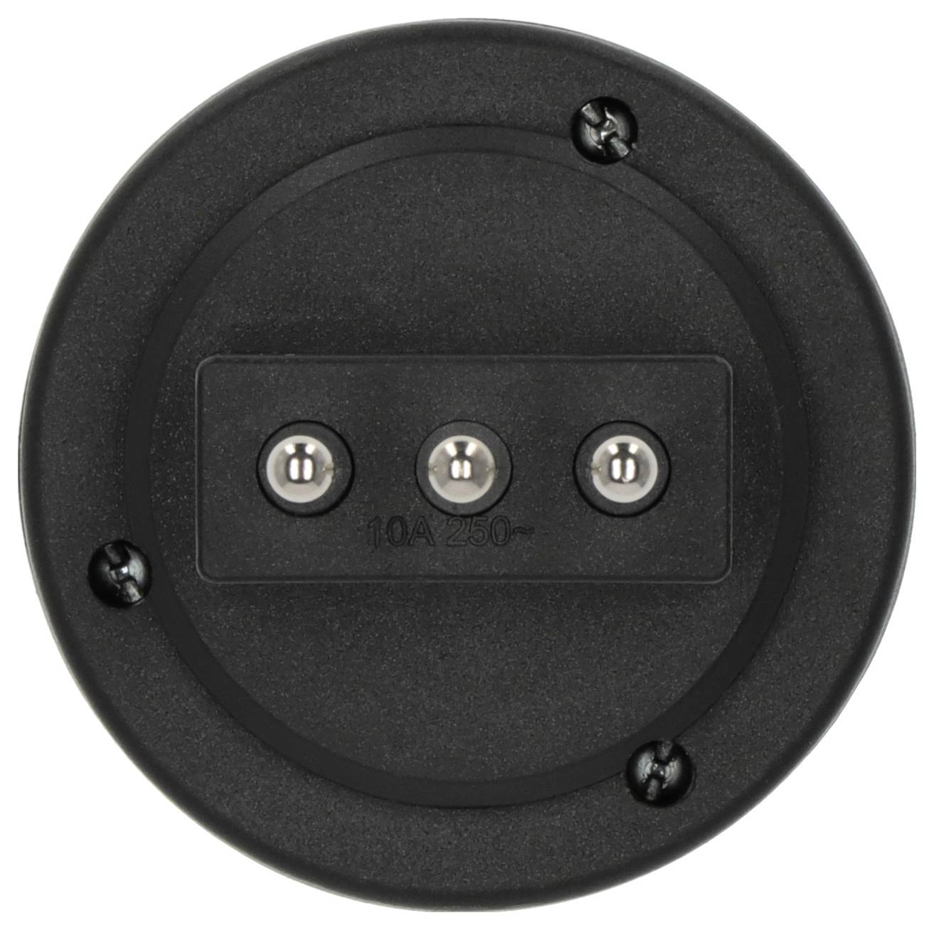 Runder schwarzer Elektrostecker mit drei Metallkontakten, von hinten betrachtet.