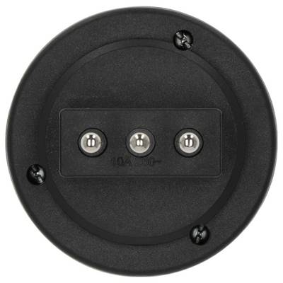 Runder schwarzer Elektrostecker mit drei Metallkontakten, von hinten betrachtet.