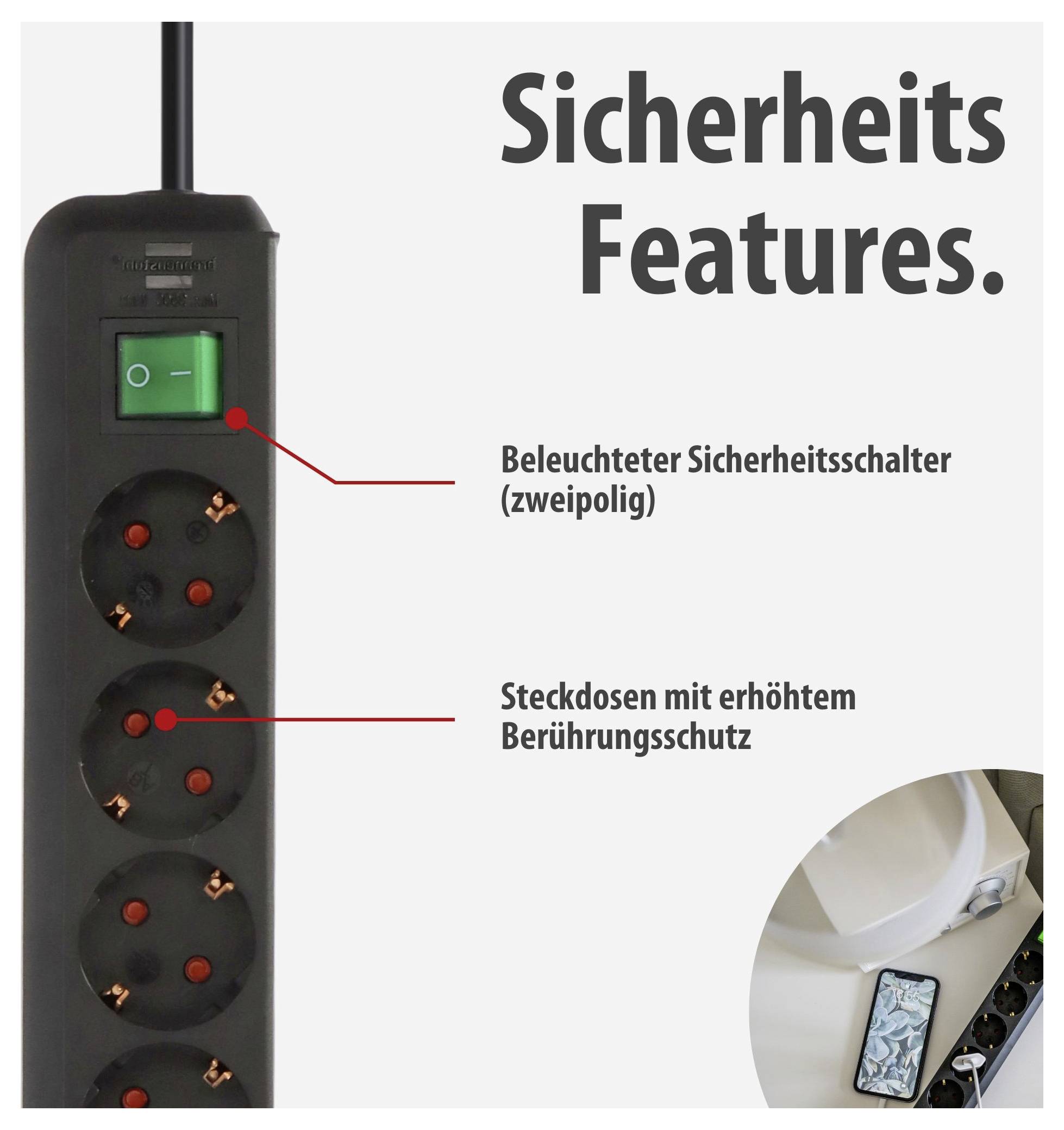 Abbildung einer Steckdosenleiste mit beschrifteten Sicherheitsfunktionen: beleuchteter zweipoliger Sicherheitsschalter und Steckdosen mit erhöhtem Berührungsschutz.