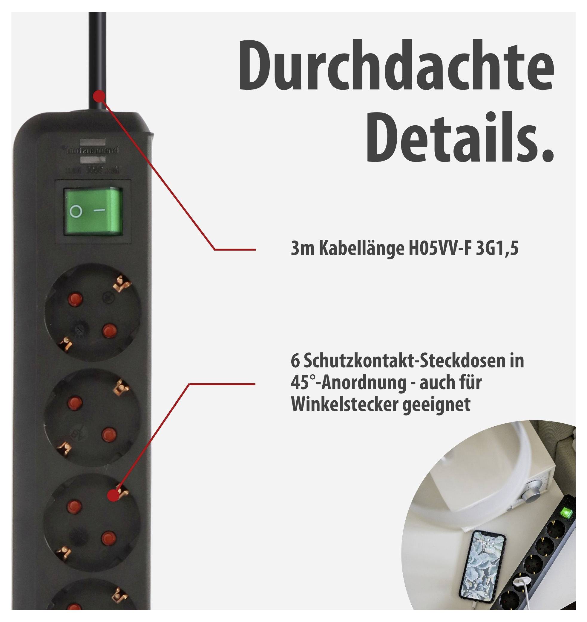 Steckdosenleiste mit Schalter; Text bewirbt 3 m H05VV-F 3G1,5 Kabel und 6 Schutzkontakt-Steckdosen in 45°-Anordnung für Winkelstecker.<br>