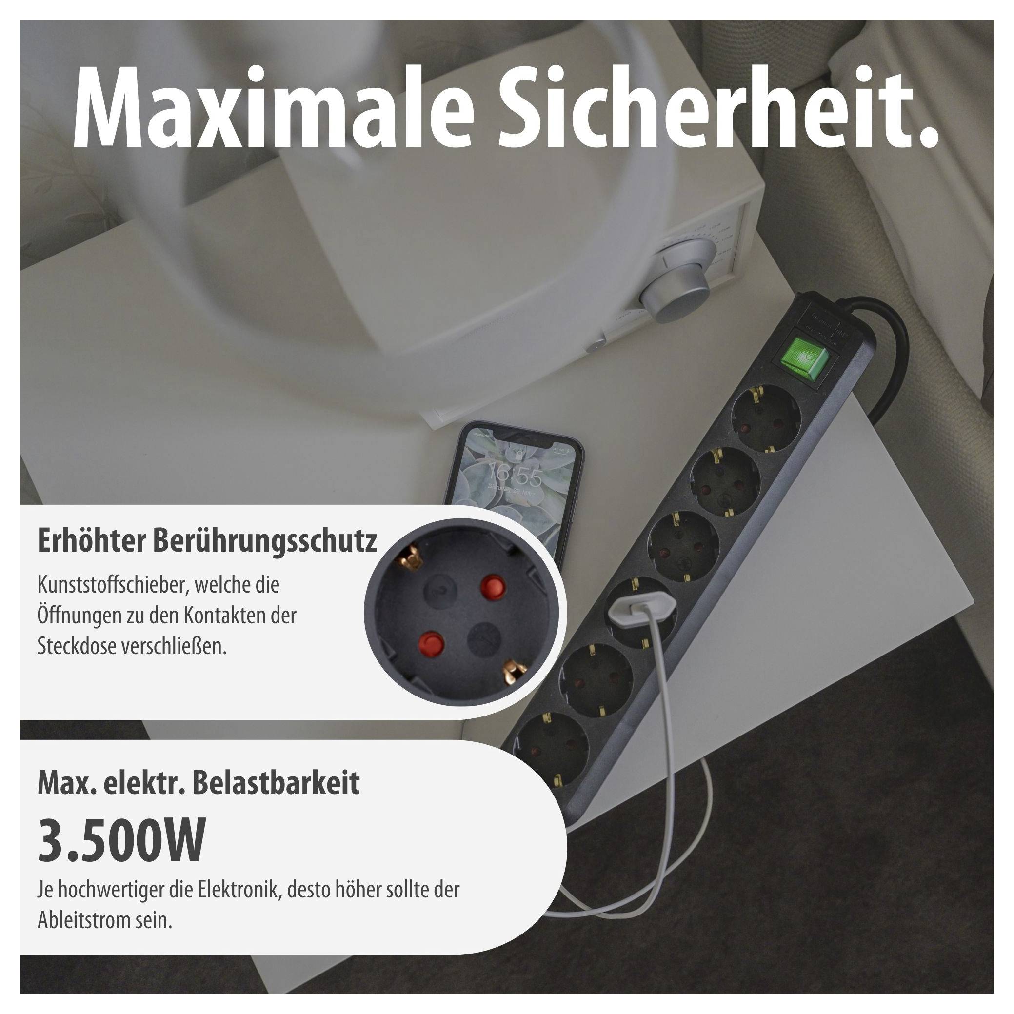 Werbung für eine Steckdosenleiste mit erhöhtem Berührungsschutz und 3.500 W Maximalleistung; zeigt angeschlossene Geräte und Sicherheitsdetails.