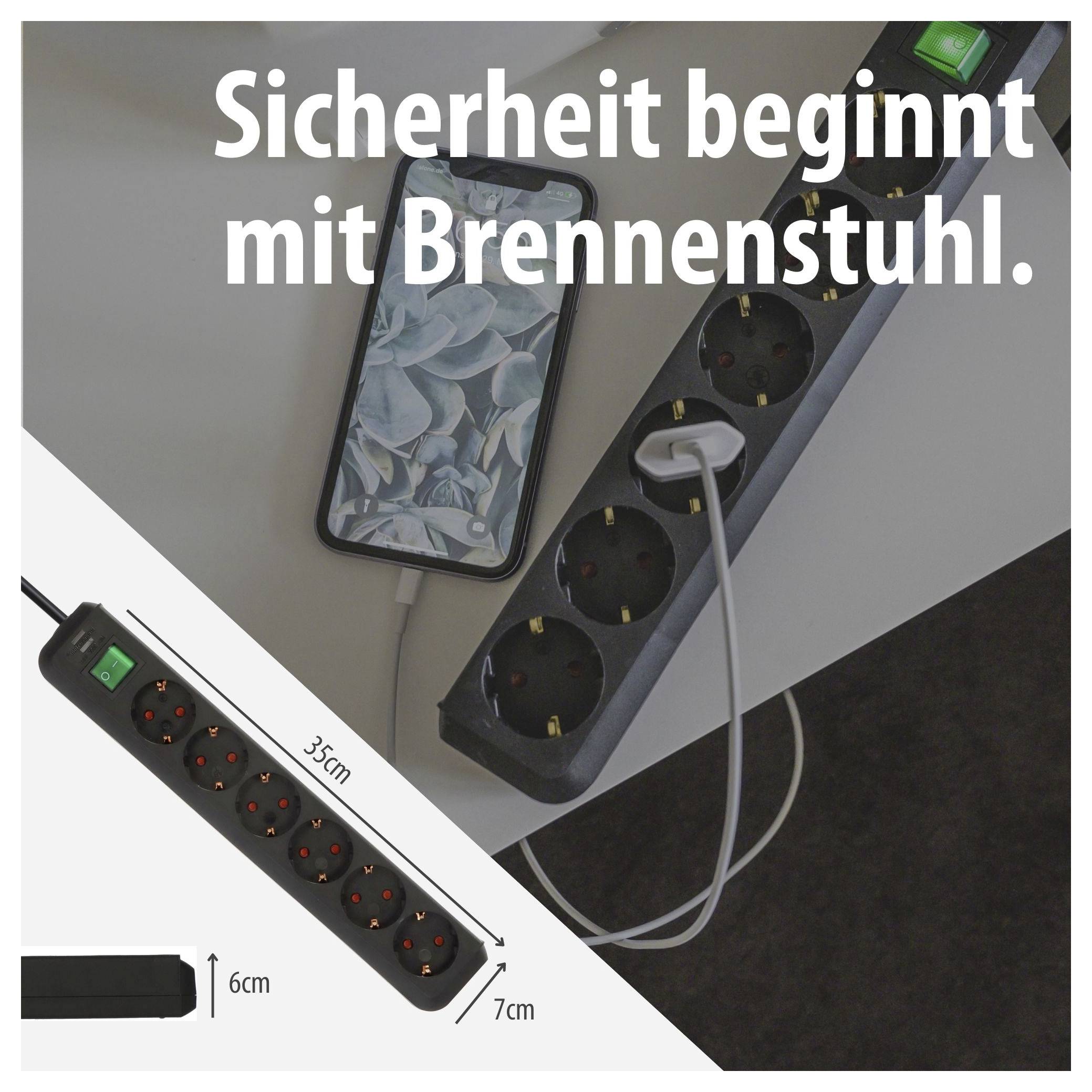 Werbespot für Brennenstuhl-Steckdosenleiste mit dem Text 'Sicherheit beginnt mit Brennenstuhl.'; zeigt mehrere Steckdosen mit angeschlossenem Smartphone und Maßen 35 cm, 6 cm, 7 cm.