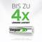 Die Grafik zeigt eine Energizer-Batterie mit der Aufschrift 'Aufladbar', daneben steht der Text 'Bis zu 4x längere Laufzeit'.
