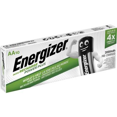 Energizer AA10 Recharge Battery-Packung. Hervorhebungen: 'World's First Made with Recycled Batteries', 2000mAh, 4x längere Lebensdauer.