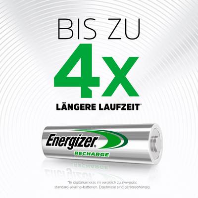 'Bis zu 4x längere Laufzeit' steht oben. Darunter ist eine Batterie mit 'Energizer Recharge' beschriftet. Im Hintergrund ist ein wirbelndes Muster.