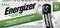 Energizer-Batteriepackung mit Comic-Batteriefigur. Aufschrift: 'World's First Made with 4% Recycled Batteries', '700mAh Pre-Charged'.