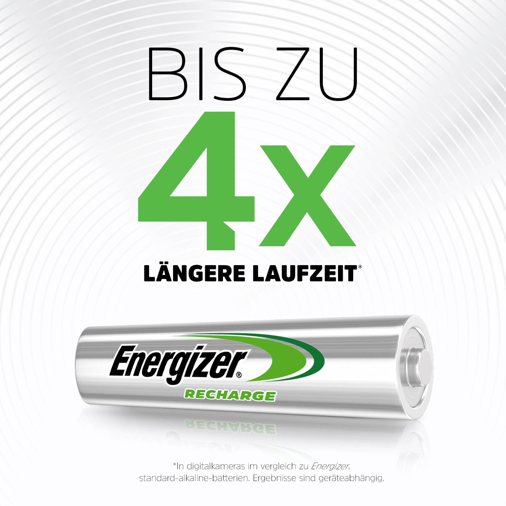 Die Abbildung zeigt eine Batterie mit der Aufschrift 'Energizer Recharge'. Darüber steht 'Bis zu 4x längere Laufzeit'.