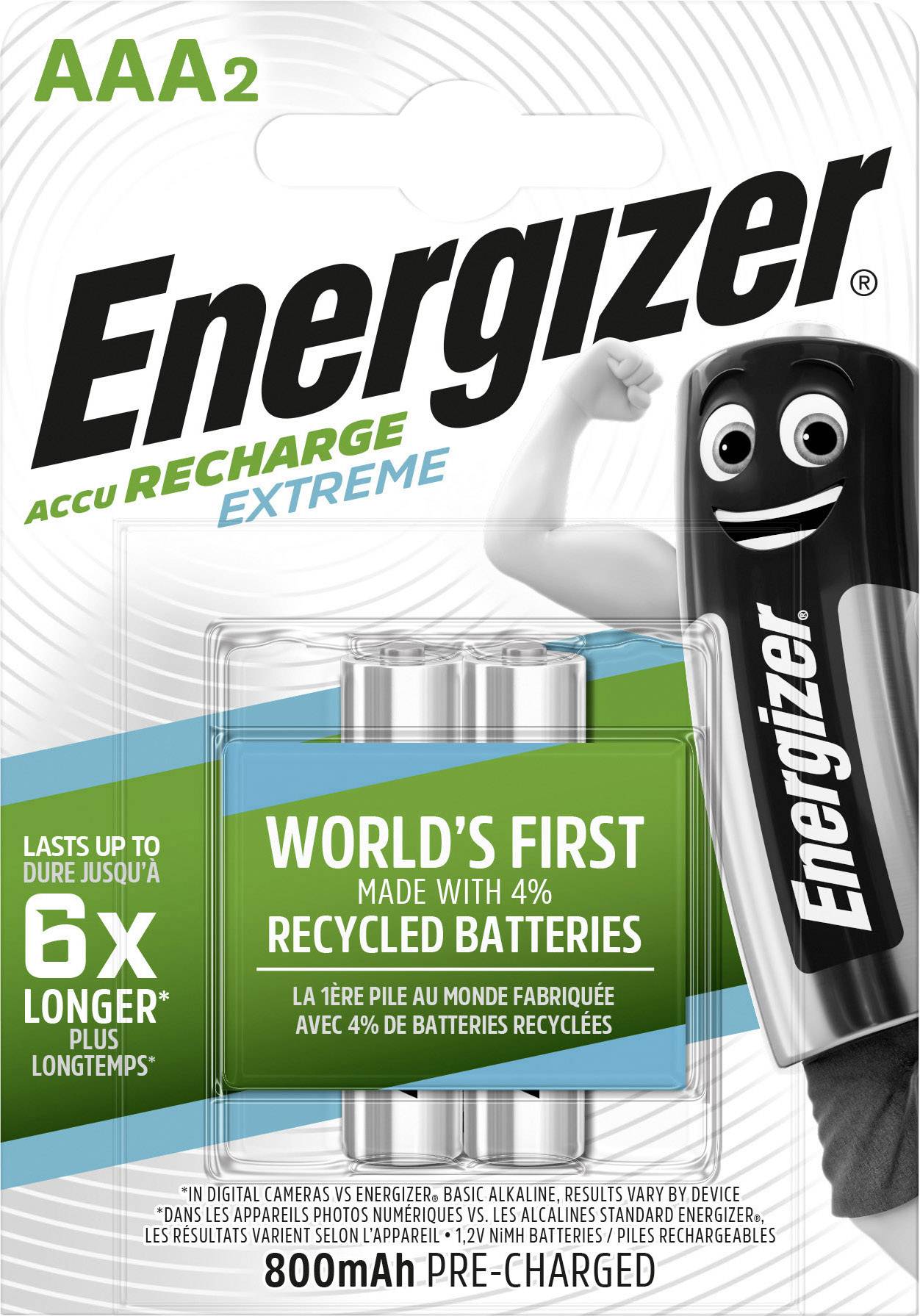 Energizer AAA2 Batteriepackung. Hervorhebung: ‘World's First Made with 4% Recycled Batteries’. Verspricht längere Lebensdauer.