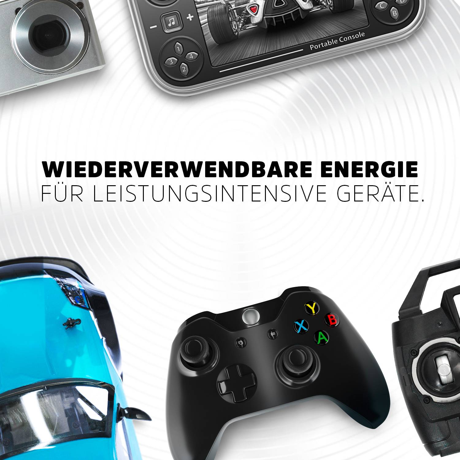 'Wiederverwendbare Energie für leistungsintensive Geräte.' Text über Bild von Konsolen und elektronischen Geräten.