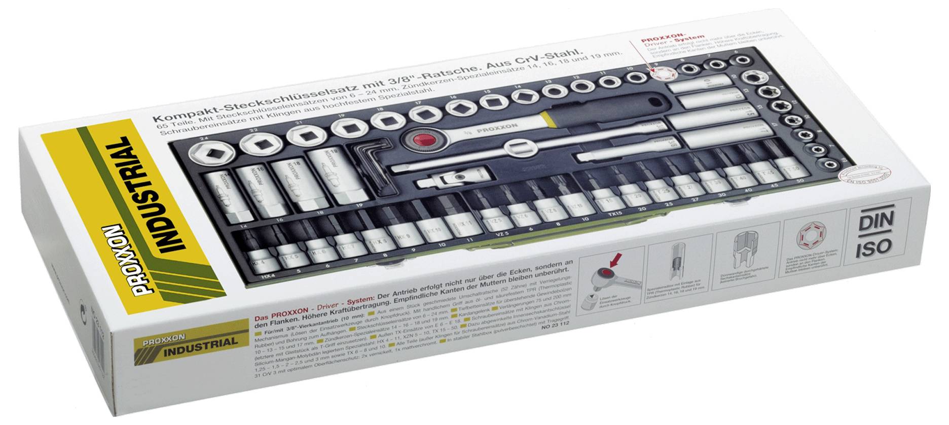 'Proxxon Industrial' Steckschlüsselsatz in Schachtel. Enthält verschieden große Steckschlüssel und Ratsche.