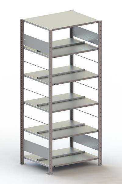 Metallregal mit sechs höhenverstellbaren Ablagefächern, freistehend. Ideal für Lagerung in Werkstätten oder Lagerräumen.